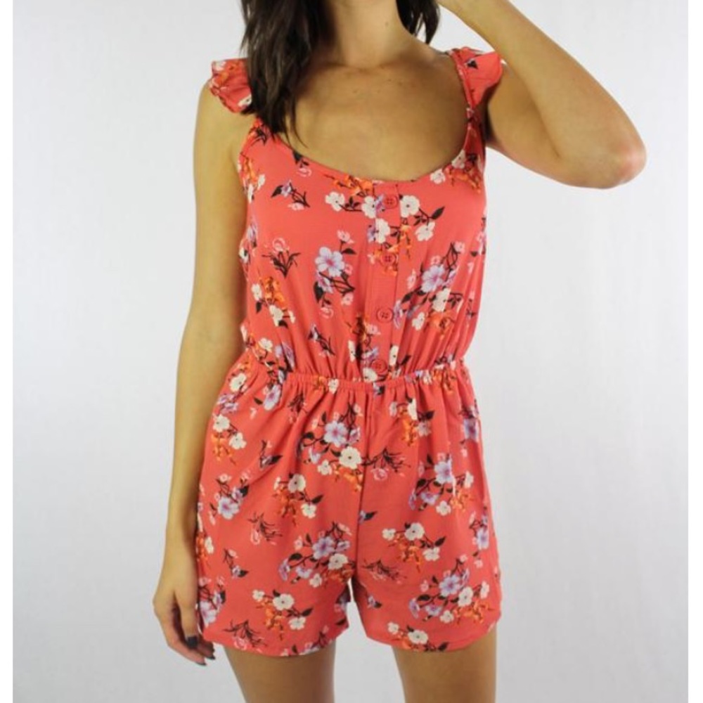 Pink floral ruffle sleeve romper
